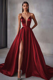 Robe longue de bal à bretelles spaghetti en satin bleu marine avec fente