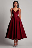 Robe formelle en satin rouge A-ligne longueur thé