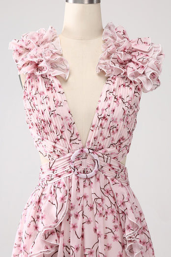 Robe de bal dos nu plissée à col en V profond à fleurs roses