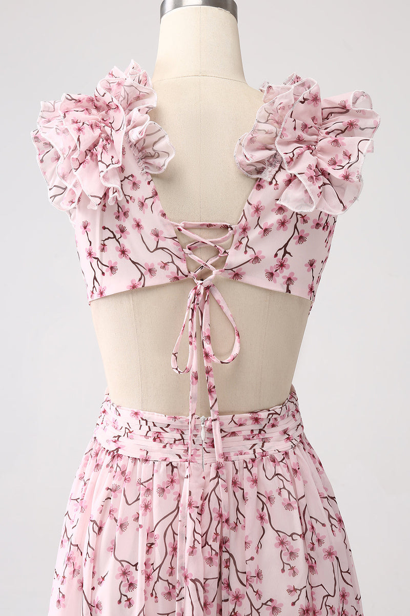 Charger l&#39;image dans la galerie, Robe de bal dos nu plissée à col en V profond à fleurs roses