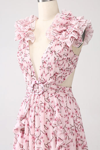 Robe de bal dos nu plissée à col en V profond à fleurs roses