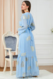 Élégant Bleu clair manches longues Caftan Marocain