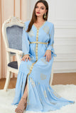 Élégant Bleu clair manches longues Caftan Marocain