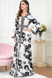 Robe Caftan Imprimé Noir blanc à Manches Longues