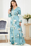 Robe Caftan Florale Vert Clair à Manches Longues