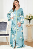 Robe Caftan Florale Vert Clair à Manches Longues