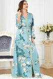 Robe Caftan Florale Vert Clair à Manches Longues