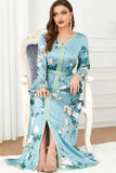 Robe Caftan Florale Vert Clair à Manches Longues