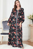 Noir Floral manches longues Caftan Marocain avec ceinture