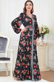 Noir Floral manches longues Caftan Marocain avec ceinture