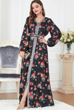 Noir Floral manches longues Caftan Marocain avec ceinture