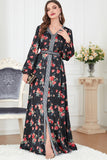 Noir Floral manches longues Caftan Marocain avec ceinture