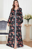 Noir Floral manches longues Caftan Marocain avec ceinture