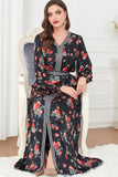 Noir Floral manches longues Caftan Marocain avec ceinture