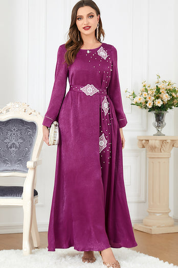 Robe Abaya élégante en caftan marocain brodé Violet avec ceinture