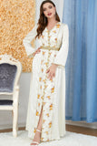 Robe Abaya Caftan Marocain à Manches Longues Floral Blanc