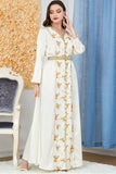 Robe Abaya Caftan Marocain à Manches Longues Floral Blanc