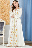 Robe Abaya Caftan Marocain à Manches Longues Floral Blanc