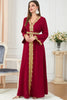 Charger l&#39;image dans la galerie, Rouge Arabe Dubai Abaya Robe Islamique Caftan Marocain avec Ceinture