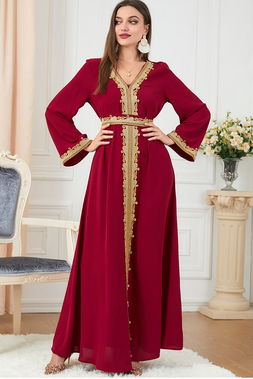 Rouge Arabe Dubai Abaya Robe Islamique Caftan Marocain avec Ceinture