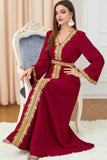 Rouge Arabe Dubai Abaya Robe Islamique Caftan Marocain avec Ceinture