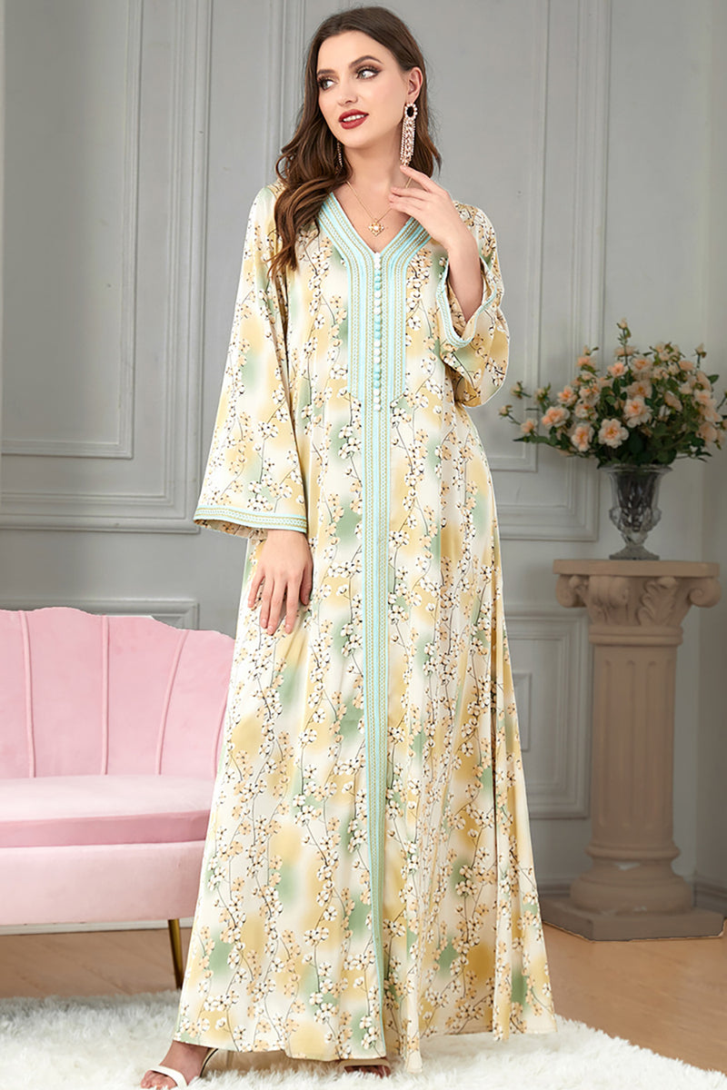 Charger l&#39;image dans la galerie, Robe à fentes à manches longues musulmane à motif floral Abaya