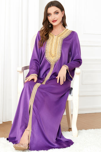 Caftan Marocain brodé Violet, robe de soirée à Manches longues et perles dorées