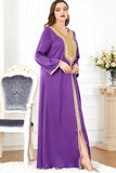 Caftan Marocain brodé Violet, robe de soirée à Manches longues et perles dorées