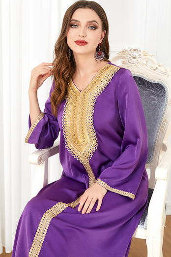 Caftan Marocain brodé Violet, robe de soirée à Manches longues et perles dorées