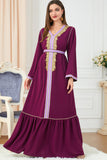 Caftan Robe patchwork brodée à jupe plissée à manches longues bordeaux