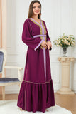 Caftan Robe patchwork brodée à jupe plissée à manches longues bordeaux