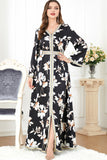 Caftan Marocain à Manches Longues Arabe Noir Floral Maxi la Main Dubaï