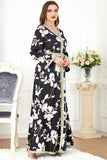 Caftan Marocain à Manches Longues Arabe Noir Floral Maxi la Main Dubaï