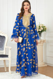 Robe caftan Bleu Manches longues brodée de sequins