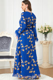 Robe caftan Bleu Manches longues brodée de sequins