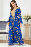 Robe caftan Bleu Manches longues brodée de sequins