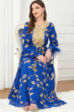 Robe caftan Bleu Manches longues brodée de sequins