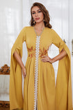 Robe Caftan longue jaune brodée à col en V