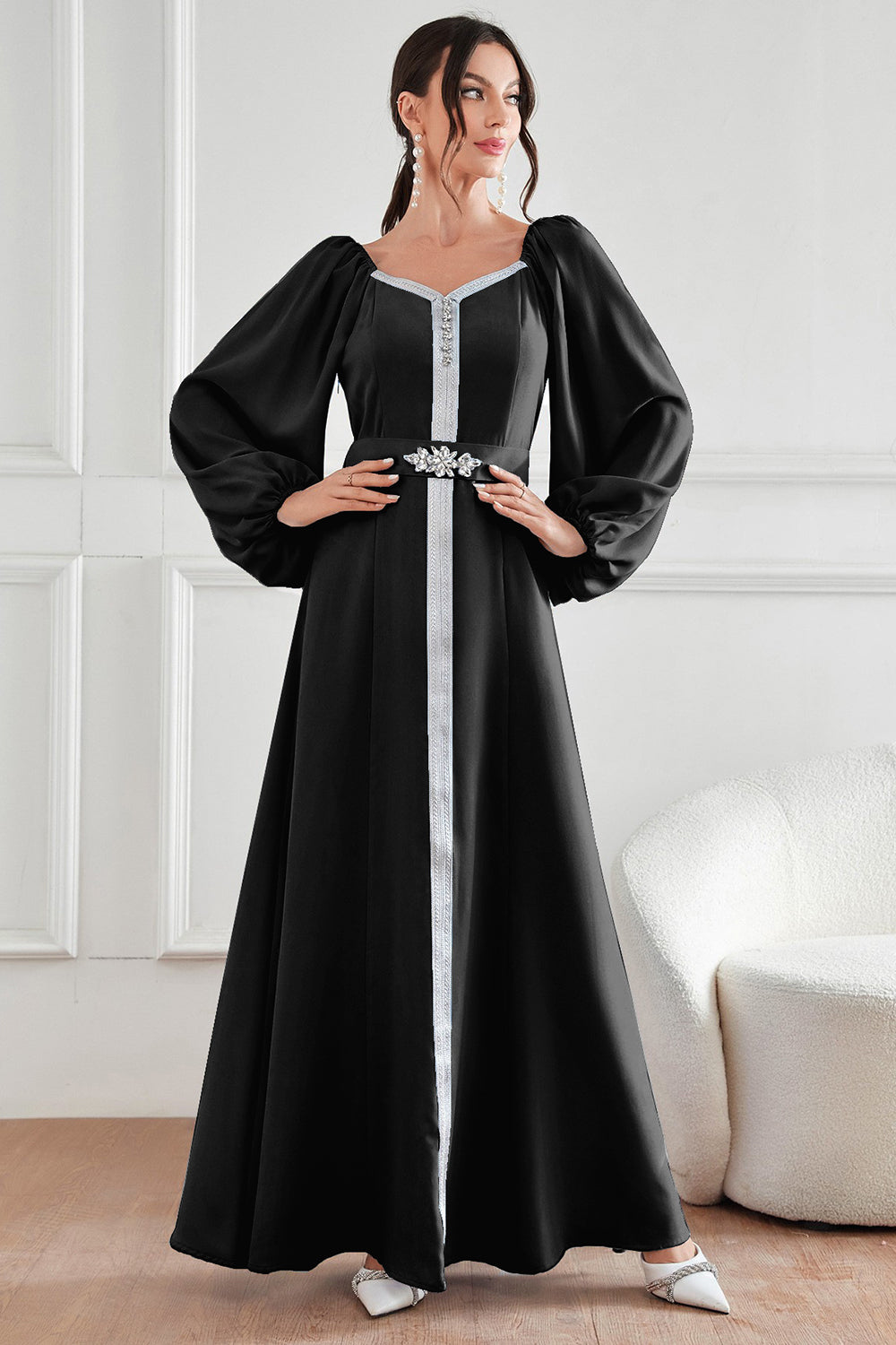 Robe Abaya Caftan noire à manches longues