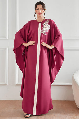 Abaya bordeaux pour femmes, manches chauve-souris, robes amples avec appliques