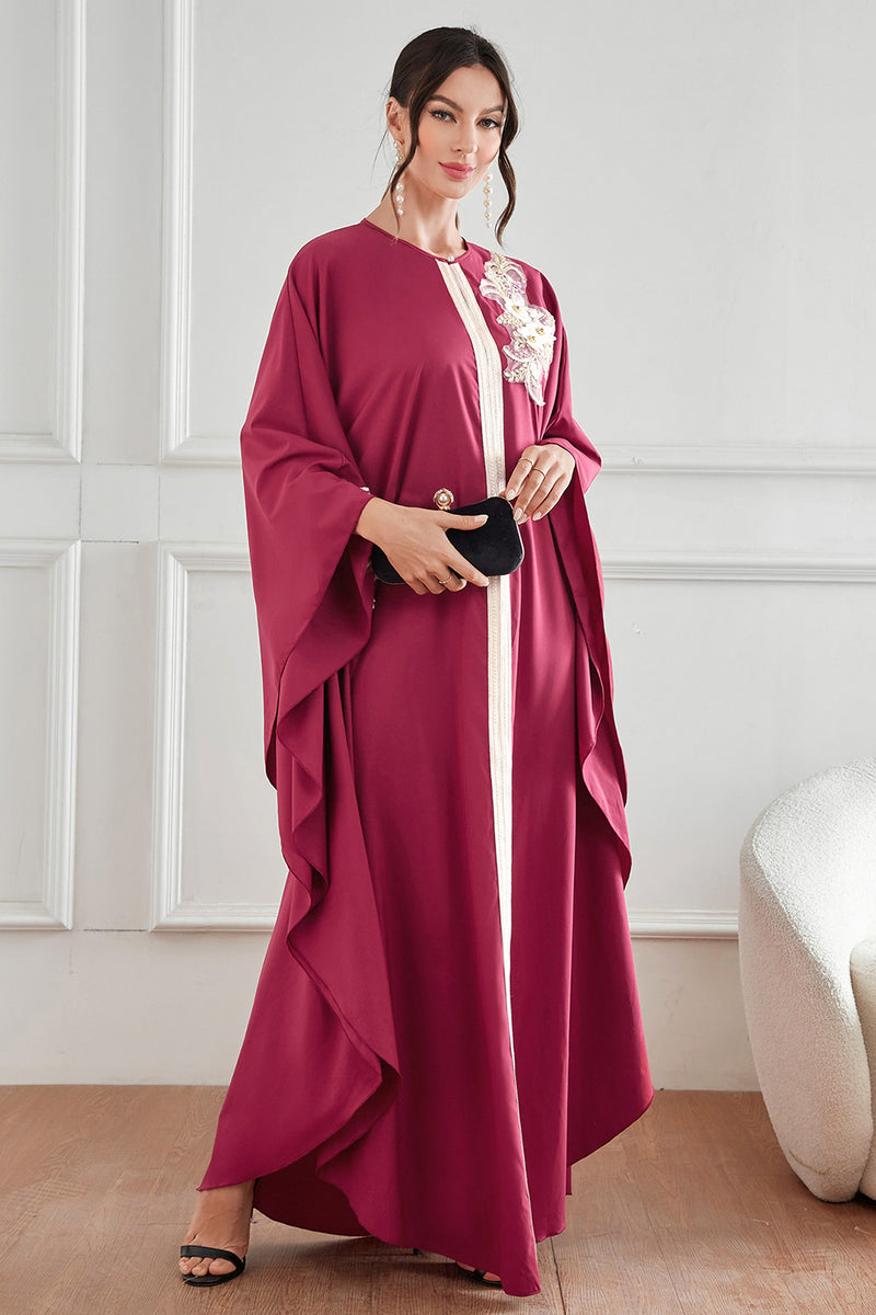 Charger l&#39;image dans la galerie, Abaya bordeaux pour femmes, manches chauve-souris, robes amples avec appliques