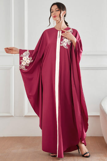 Abaya bordeaux pour femmes, manches chauve-souris, robes amples avec appliques