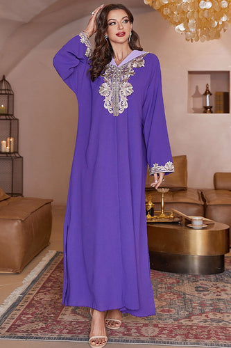 Robe caftan de Dubaï violette à manches longues avec sweat à capuche