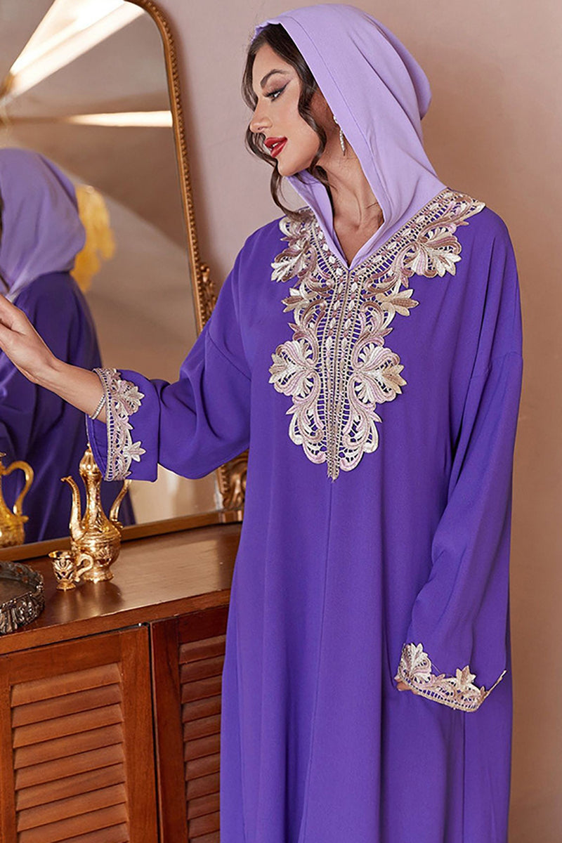 Charger l&#39;image dans la galerie, Robe caftan de Dubaï violette à manches longues avec sweat à capuche