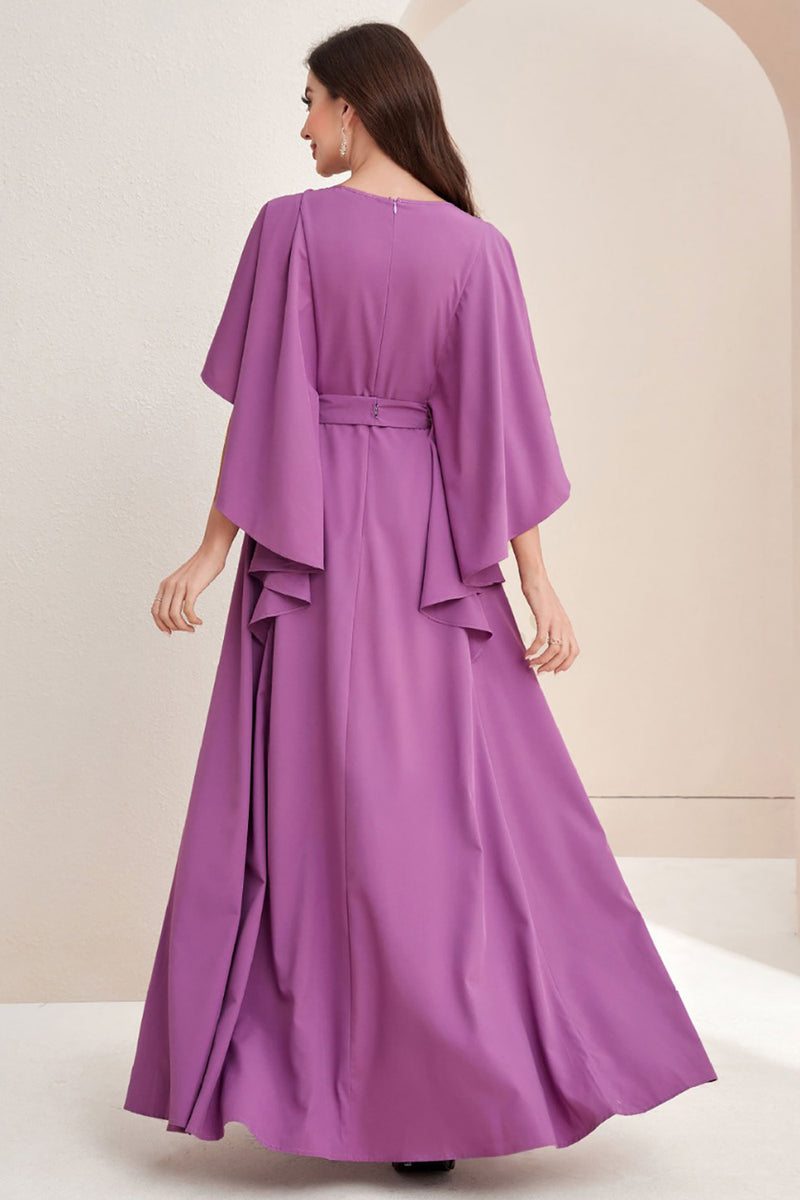 Charger l&#39;image dans la galerie, Robe Abaya perlée à manches cape en mousseline de soie maxi violette