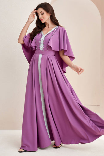 Robe Abaya perlée à manches cape en mousseline de soie maxi violette