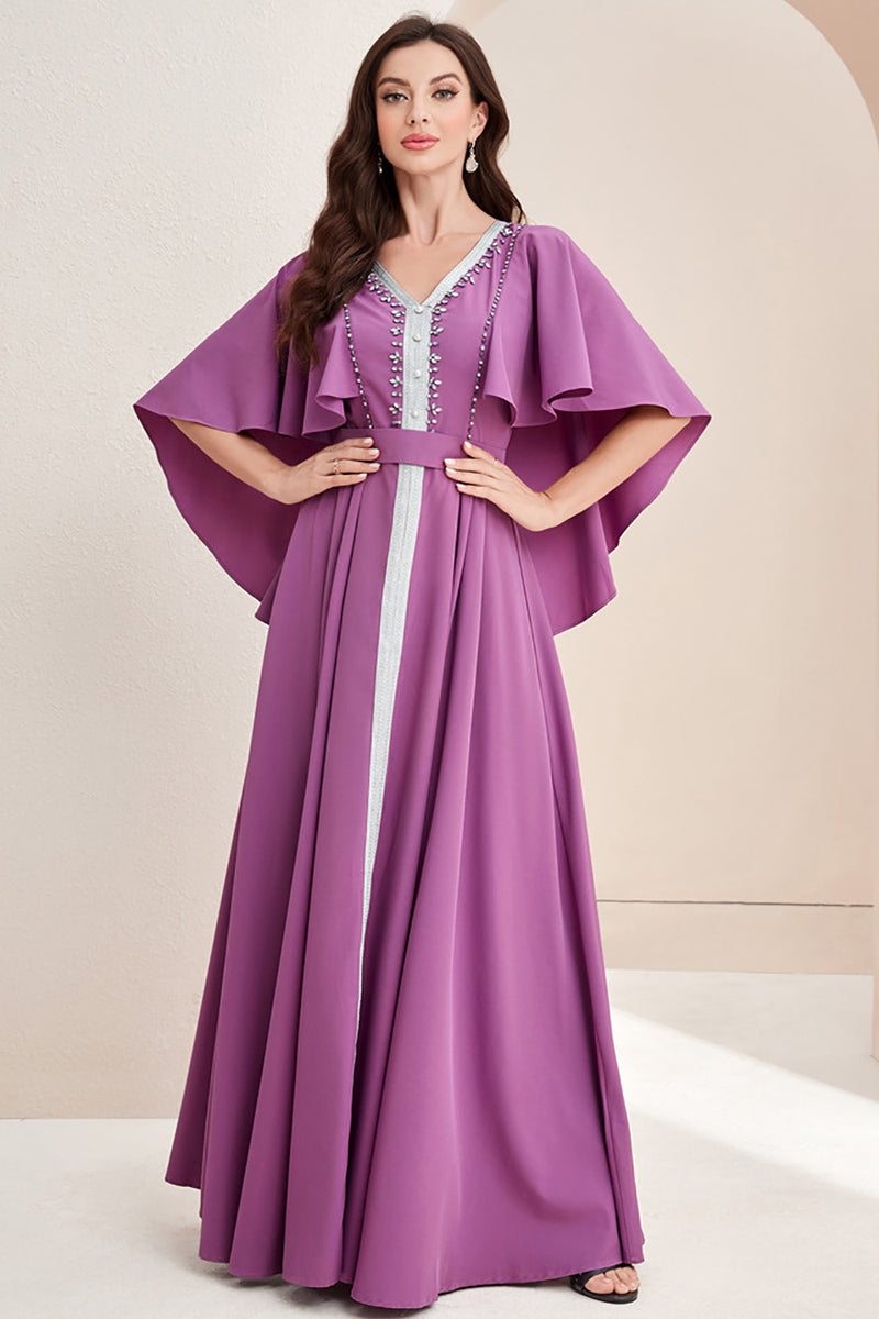 Charger l&#39;image dans la galerie, Robe Abaya perlée à manches cape en mousseline de soie maxi violette