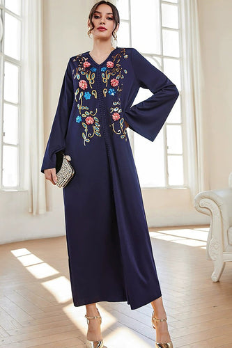 Robe musulmane bleu marine, tenue arabe décontractée, manches longues, broderie de fleurs