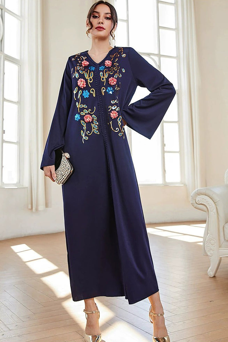 Charger l&#39;image dans la galerie, Robe musulmane bleu marine, tenue arabe décontractée, manches longues, broderie de fleurs