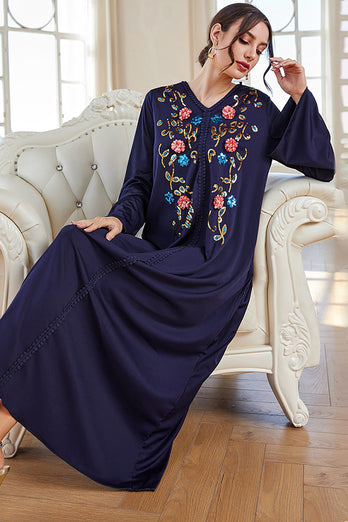 Robe musulmane bleu marine, tenue arabe décontractée, manches longues, broderie de fleurs